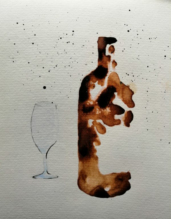 bouteille de vin et verre à l'aquarelle